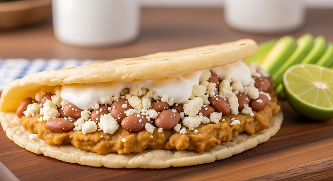 Arepa stuffed with refried beans and white cheese is presented on a wooden cutting board with lime slices.
