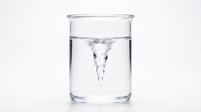 Clear glass laboratory beaker filled with transparent liquid featuring a perfectly formed miniature spinning tornado whirlpool isolated on white background