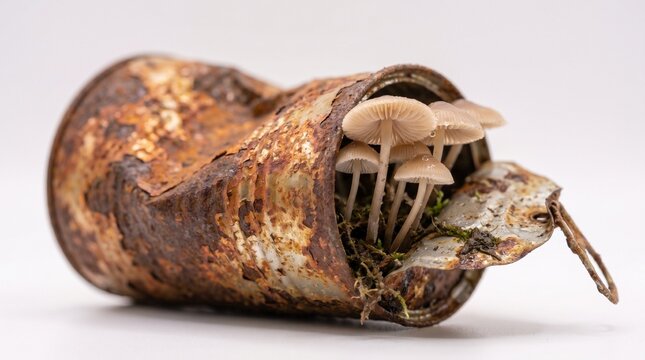 Partially crushed heavily rusted cylindrical metal tin can lying on its side with delicate beige mushrooms growing out of its open mouth on white background
