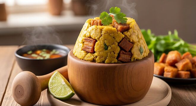 Mofongo made with fried plantains and pork cracklings sits in a wooden mortar as a traditional Caribbean dish.