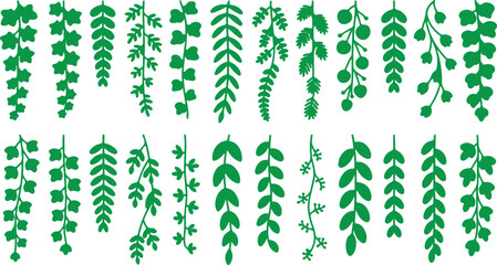 Hanging Plant Vine Icons Set – Green Leafy Foliage and Botanical Decor Elements, vector and illustration © 69creativedesigner