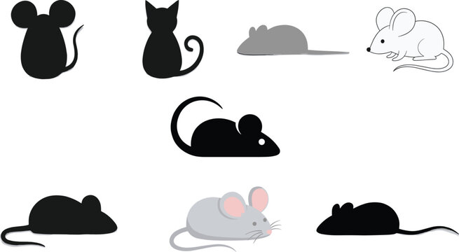 Mouse silhouette and cartoon set with various rat shapes isolated vector animal icons for design and illustration