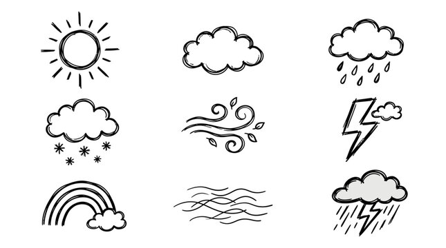 Weather icon pack with sun, clouds, rain, and wind symbols for design
