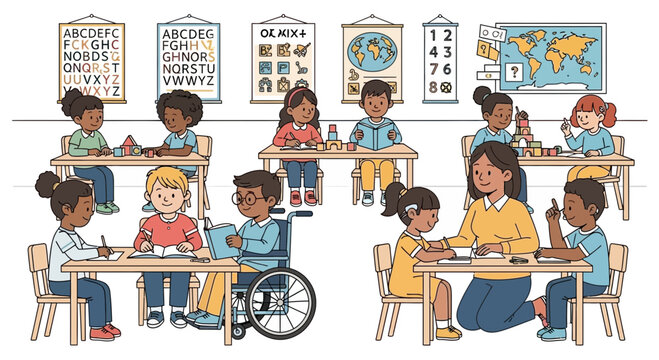 Diverse children learning in inclusive classroom with teacher, diverse kids, special needs, education, diversity