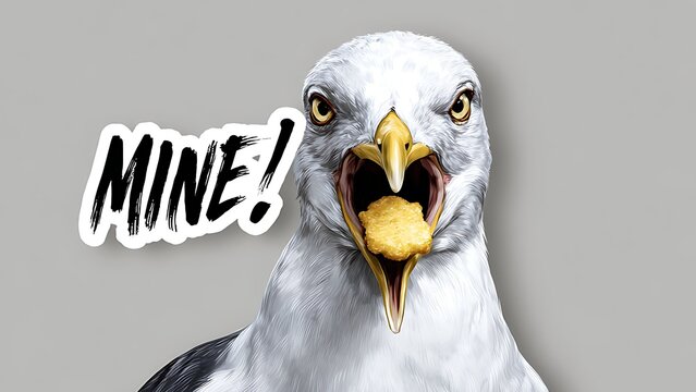 Funny seagull sticker with "Mine!" text holding chicken nugget, crazy urban bird character illustration on grey background