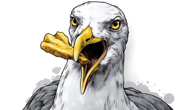 Funny seagull sticker with "Mine!" quote holding french fries, angry urban bird character, isolated on white background