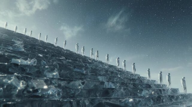 Endless Liquid Mercury Staircase Beneath Impossible Skies with Ethereal Climbers, Surreal Reflective Dreamscape in Soft Diffused Light, 4K