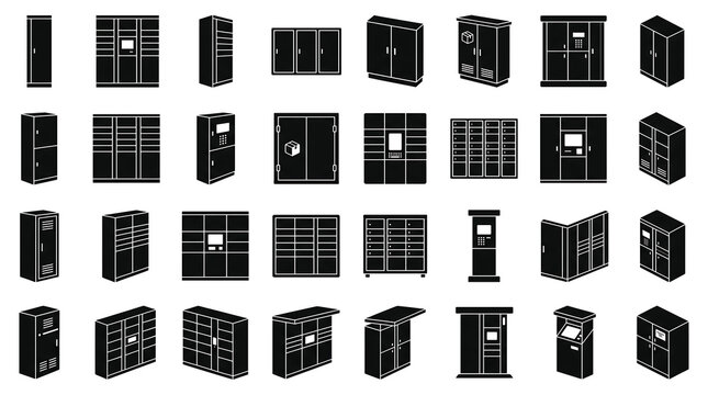  Smart parcel locker and package pickup station icon set &ndash; 24 flat black silhouette vector icons arranged in 4x6 grid on white background for automated package retrieval