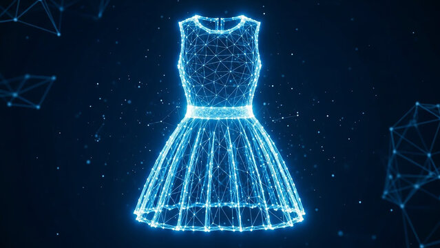 Elegant dress silhouette in blue digital wireframe mesh style