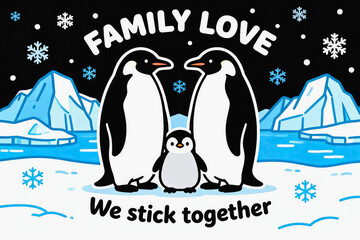 Obraz premium This cartoon illustration shows a penguin family standing on arctic ice, with a loving warm family theme and winter snowfall background.