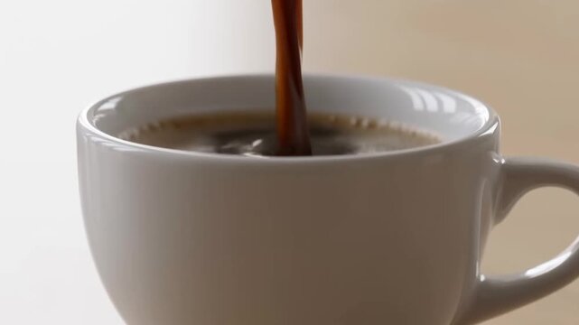 Slow motion close up of coffee pouring into white ceramic mug on neutral tabletop in studio kitchen