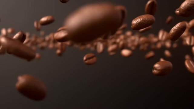 Slow motion tracking dolly close shot of coffee beans floating and tumbling in dark studio closeup