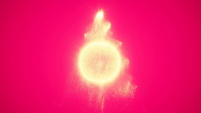 Slow motion tracking shot of golden particles transforming into tree then orb shapes against magenta backdrop in studio