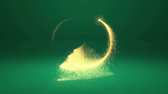 Slow motion static zoom of golden particle ring forming circular spark and revealing glittering tree shape on solid green studio background