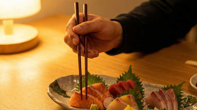 Hand holding chopsticks picking fresh sashimi slices served on ceramic plate with green shiso leaves on wooden table under warm lamp light