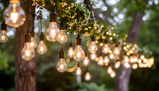 Warm Edison string lights hanging in garden at dusk.