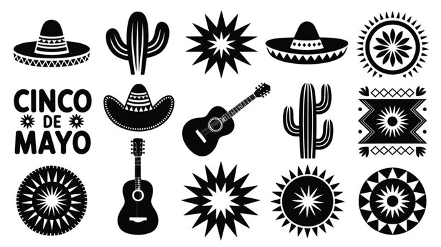 Cinco de mayo celebration icons with sombreros cacti guitars and traditional mexican symbols in black and white