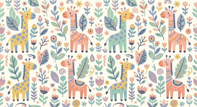 Pastel Folk Art Seamless Pattern with Whimsical Stylized Giraffes