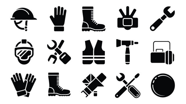Set of 15 labor day icons including helmets tools and work boots for industrial and construction themes