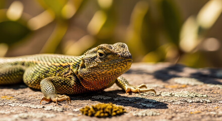 Fototapeta premium Close up of a Lizard Baski Wild Green Reptile in the Sun