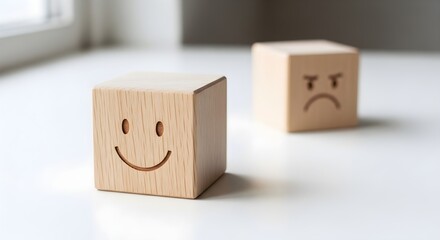 Obraz premium Two Wooden Blocks Displaying Opposing Emotions Happiness and Anger
