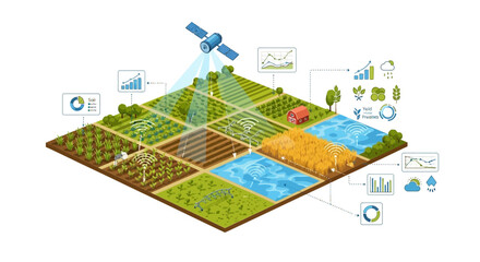 Fototapeta premium Smart Farming Technology: Satellite Monitoring Precision Agriculture Field Data Analysis