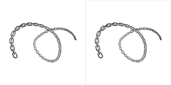 Metallic steel chain links twisted in spiral pattern on transparent background