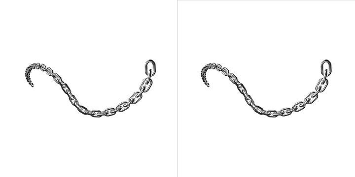 Dual metallic silver steel chains hanging in arc shape on transparent background