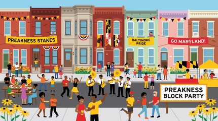 Fototapeta premium Baltimore Neighborhood Block Party Illustration with Marching Band