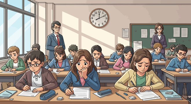 Stressed students taking exam in classroom with teachers supervising