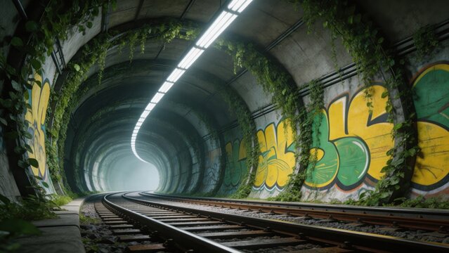 Railway tunnel with graffiti and greenery