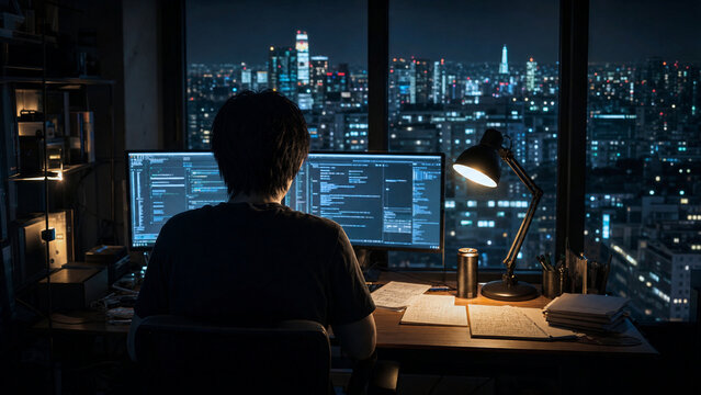 Japanese Programmer Coding Late Night Dual Monitor Tokyo Cityscape Background