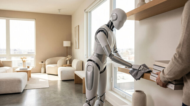 Humanoid robot cleaning wooden shelf while person holds books near bright.