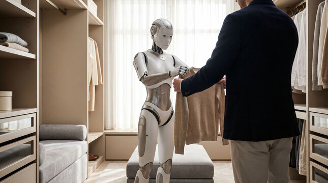 Humanoid robot holds beige wool sweater while standing beside man inside closet.