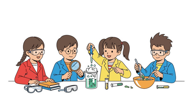 Children conducting science experiment, learning chemistry in classroom with protective gear.