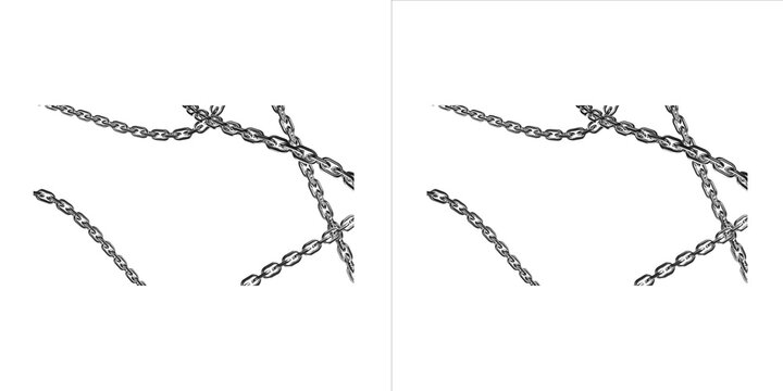 Interlinked metallic steel chains arranged in abstract patterns on transparent background