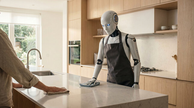 Humanoid robot wearing brown apron wipes kitchen counter near person hand.