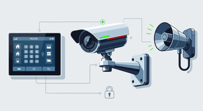 Home Security System: Camera, Alarm, and Control Panel Illustration