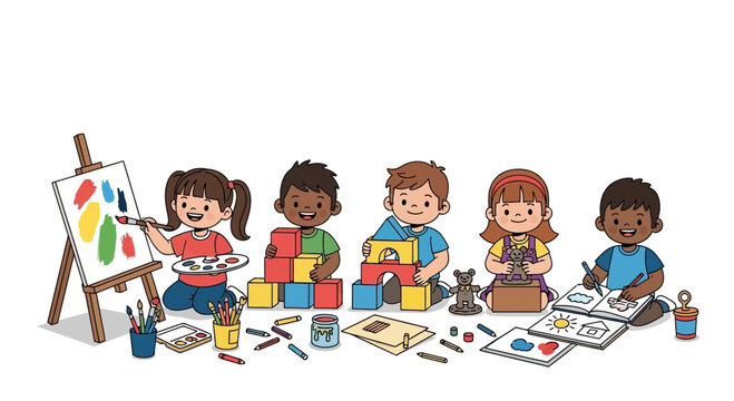 Diverse children engaged in creative art and building activities, learning and playing together.