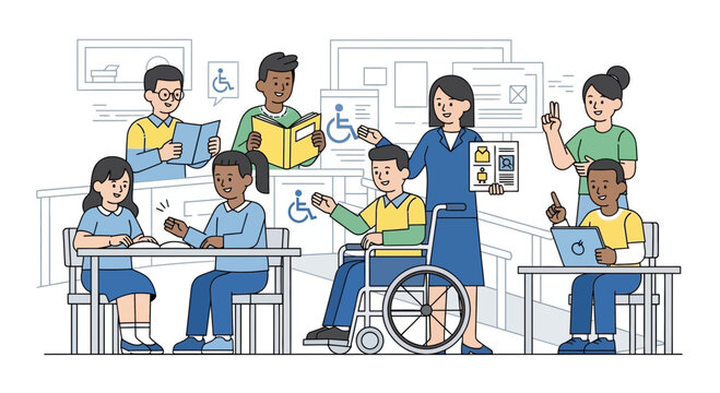 Diverse classroom with students of varying abilities learning together, inclusive education concept.