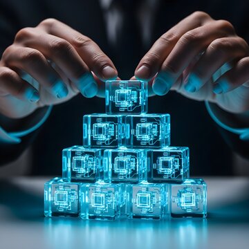 Hands Building A Futuristic Pyramid With Glowing Circuit Board Blocks
