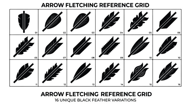 Grid of 16 unique black feather variations for arrow fletching reference on a white background with detailed illustrations.