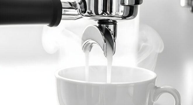 Espresso Machine Pouring Steaming Liquid Into White Cup