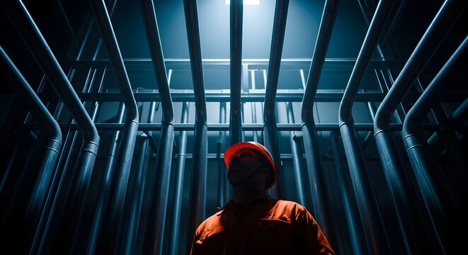 Industrial Worker In Hard Hat Inspecting Overhead Pipes In Dark Factory