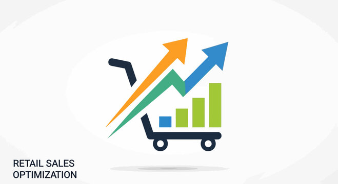 Shopping cart with upward arrows and bar graph illustrating retail sales growth