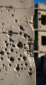 Damaged Concrete With Bullet Holes and Exposed Rebar
