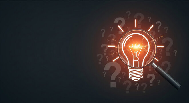 Magnifying glass inspecting glowing lightbulb and question marks perfect for finding creative business solution