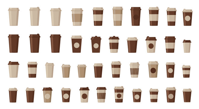 Extensive collection of disposable paper coffee cups in various sizes and colors from light tan to dark brown for cafe branding and services.