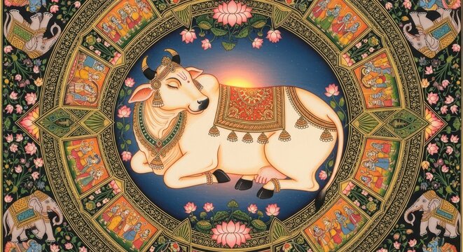 Sacred Cow Mandala with Zodiac Symbols and Elephants.
