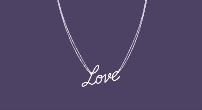 Elegant silver necklace featuring a scripted love pendant displayed against a solid dark purple background for a romantic feel.